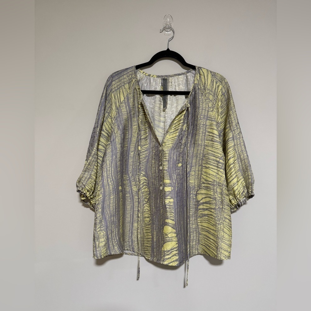 Raquel Allegra Yellow/Gray Silk Blend Printed Peasant Top Size 1 Small